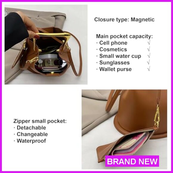 PU Leather Bucket Bag Crossbody Shoulder Purse Top Handle Elegant Chic - Picture 4 of 6